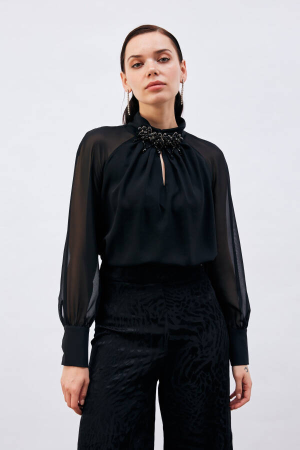 Blouse with Neck Accessory - Black - 11