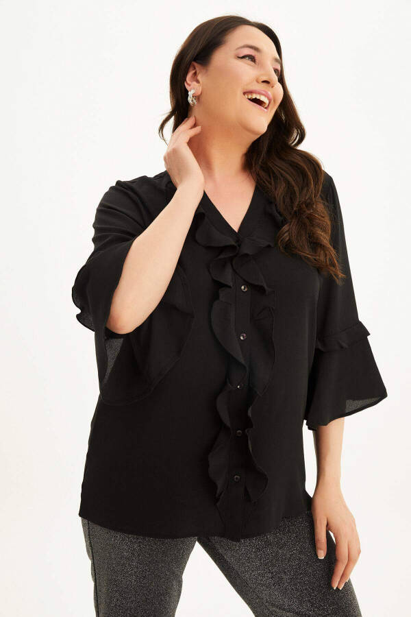 Blouse with Ruffled Front and Voluminous Sleeves - 1