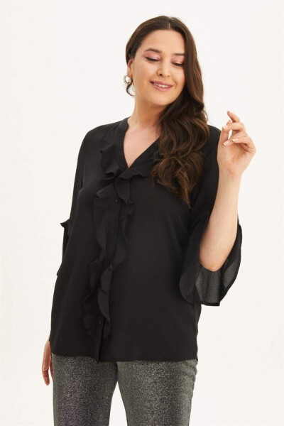 Blouse with Ruffled Front and Voluminous Sleeves - 2