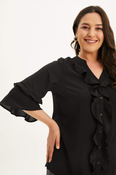 Blouse with Ruffled Front and Voluminous Sleeves - 4