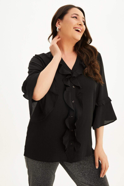 Blouse with Ruffled Front and Voluminous Sleeves - 7