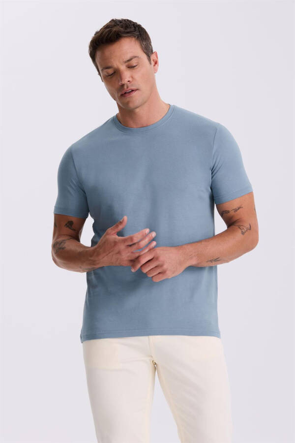 Blue 100% Cotton Slim Fit Crew Neck Basic T-Shirt - 1