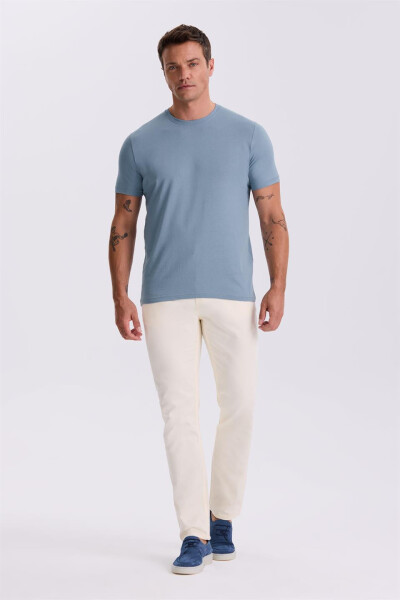 Blue 100% Cotton Slim Fit Crew Neck Basic T-Shirt - 2