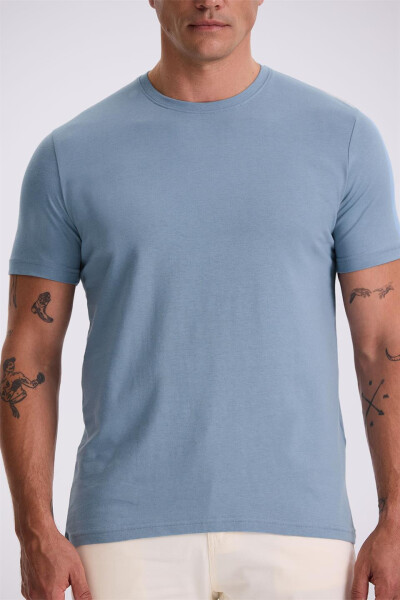 Blue 100% Cotton Slim Fit Crew Neck Basic T-Shirt - 3