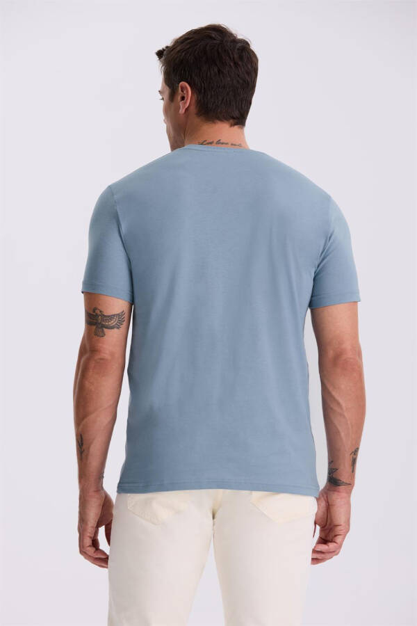 Blue 100% Cotton Slim Fit Crew Neck Basic T-Shirt - 4