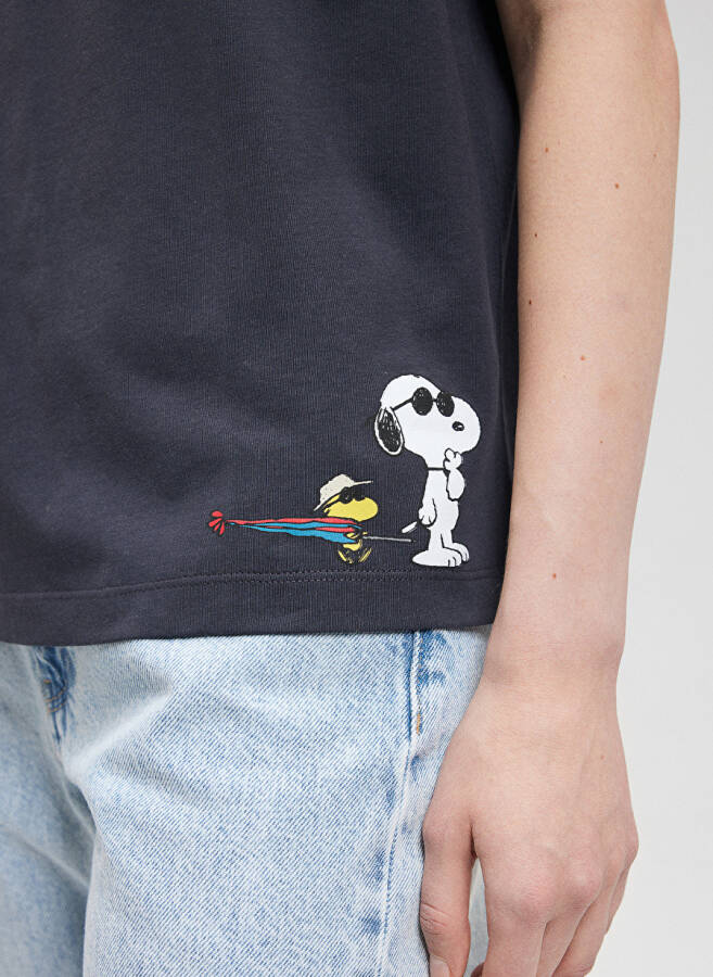 Blue Crew Neck Grey Women's T-Shirt M1612531-70087-SNOOPY PRINTED T-SHIRT - 4