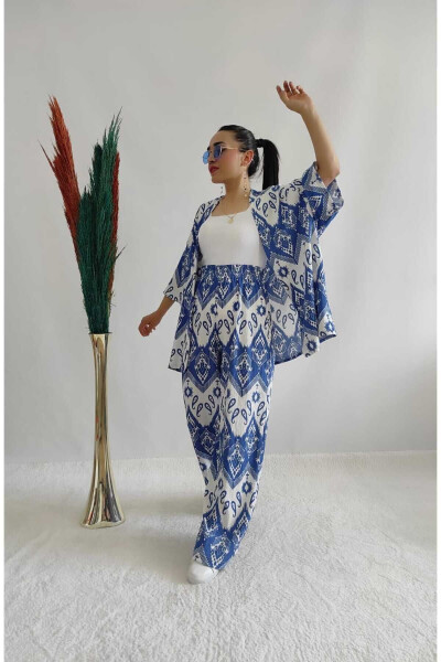 Blue Fashion Patterned Double Kimono Set (Relaxed Fit) - 16