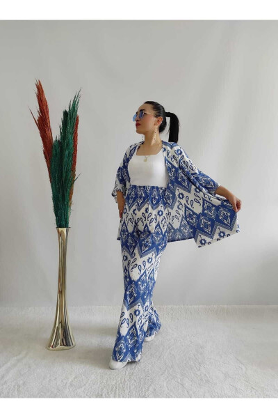 Blue Fashion Patterned Double Kimono Set (Relaxed Fit) - 17