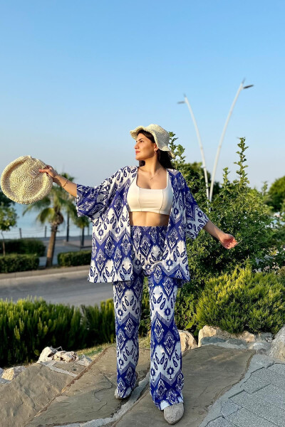 Blue Fashion Patterned Double Kimono Set (Relaxed Fit) - 9