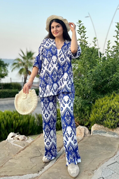 Blue Fashion Patterned Double Kimono Set (Relaxed Fit) - 10