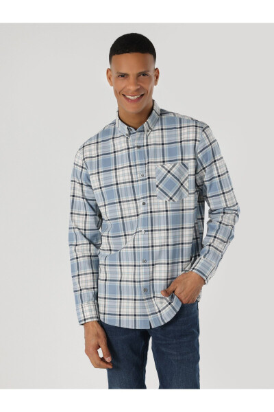 Blue, long-sleeved, regular fit men's shirt with a checkered pocket detail. - 4