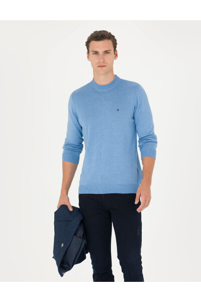 Blue Melange Slim Fit Crew Neck Basic Knit Sweater - 8