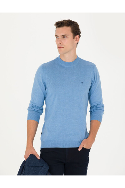 Blue Melange Slim Fit Crew Neck Basic Knit Sweater - 10