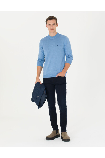 Blue Melange Slim Fit Crew Neck Basic Knit Sweater - 11