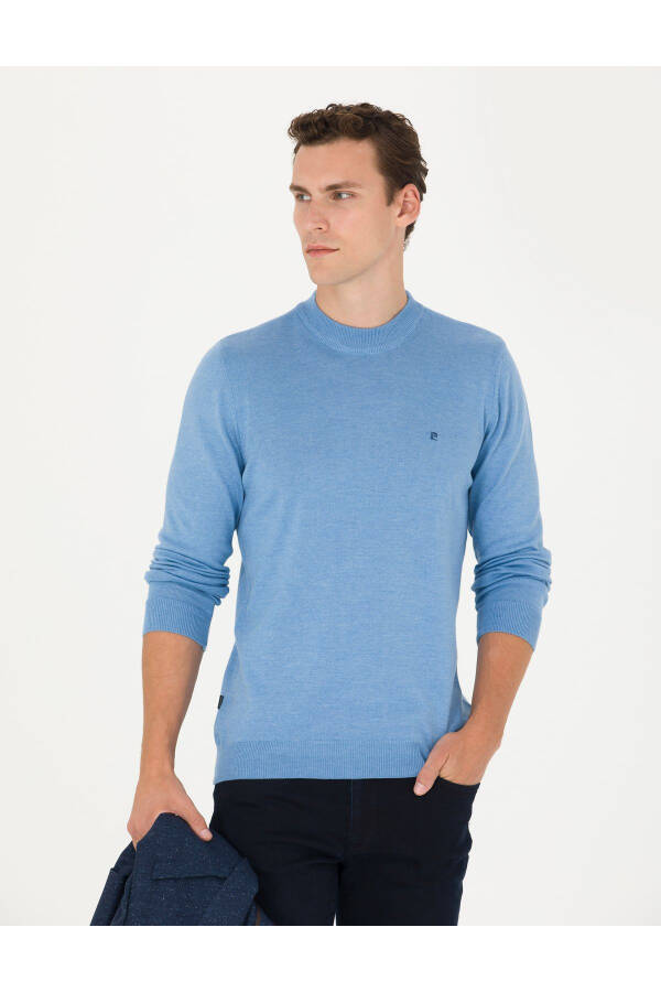 Blue Melange Slim Fit Crew Neck Basic Knit Sweater - 3