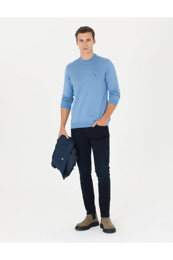 Blue Melange Slim Fit Crew Neck Basic Knit Sweater - 4