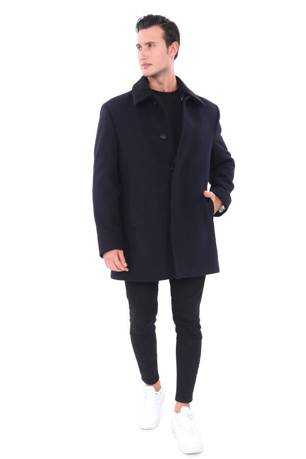 Blue men's coat with fur collar - 1