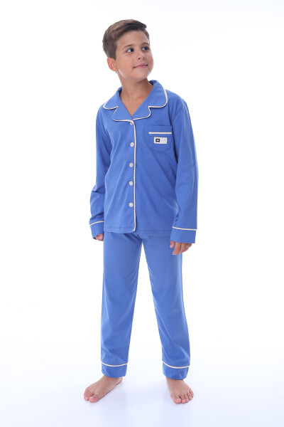 Blue Men's Pajama Set with Shirt Collar and Pocket Detail - 1