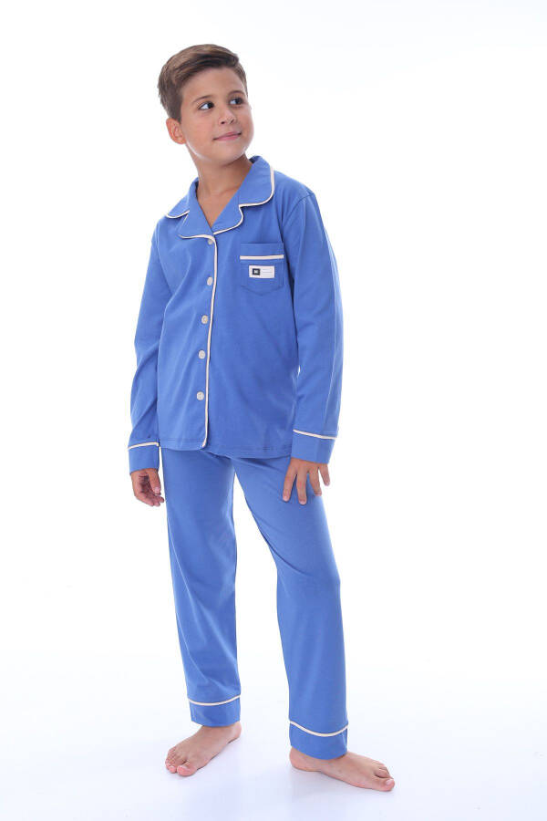 Blue Men's Pajama Set with Shirt Collar and Pocket Detail - 2