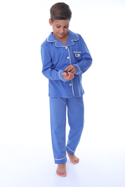 Blue Men's Pajama Set with Shirt Collar and Pocket Detail - 3