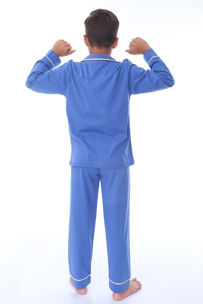 Blue Men's Pajama Set with Shirt Collar and Pocket Detail - 4