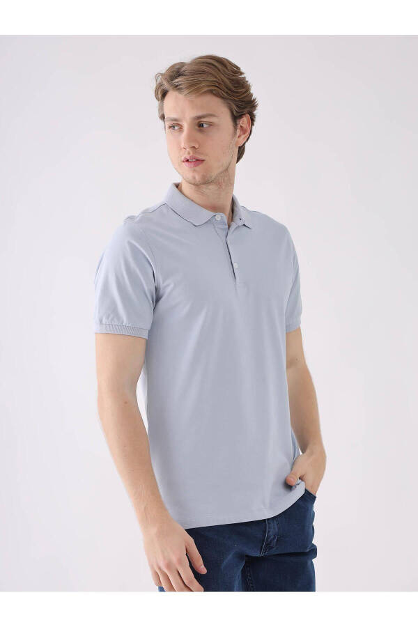 Blue Men's Slim Fit Plain Polo Collar T-Shirt - 2