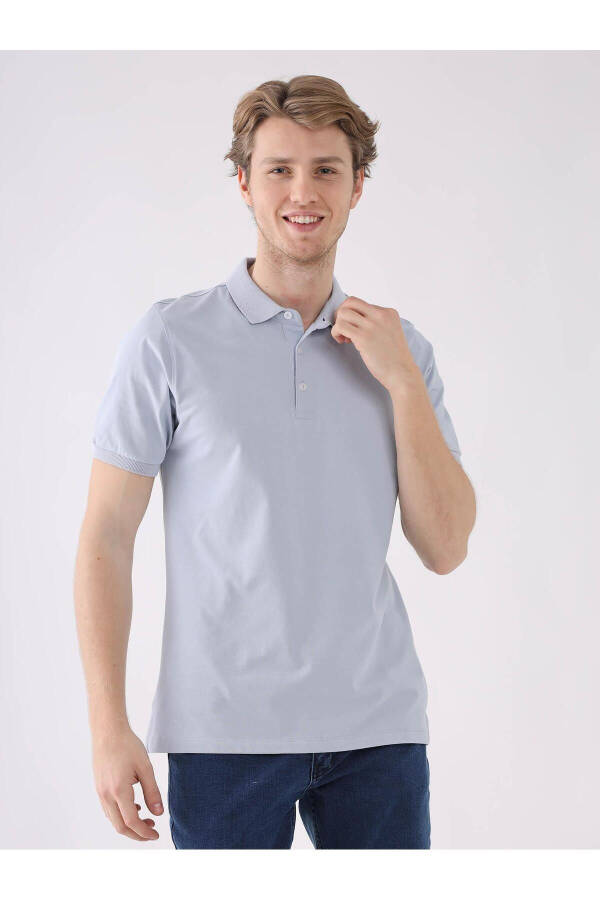 Blue Men's Slim Fit Plain Polo Collar T-Shirt - 4