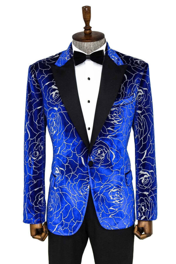 Blue Men's Tuxedo Jacket with Silver Rose Pattern - Wessi - 1