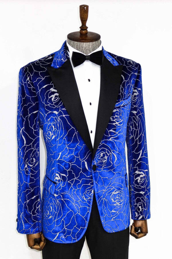 Blue Men's Tuxedo Jacket with Silver Rose Pattern - Wessi - 3