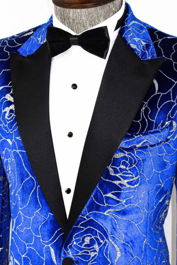 Blue Men's Tuxedo Jacket with Silver Rose Pattern - Wessi - 5