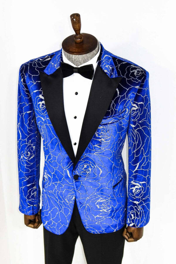 Blue Men's Tuxedo Jacket with Silver Rose Pattern - Wessi - 6