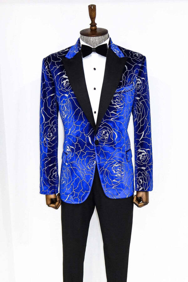 Blue Men's Tuxedo Jacket with Silver Rose Pattern - Wessi - 7