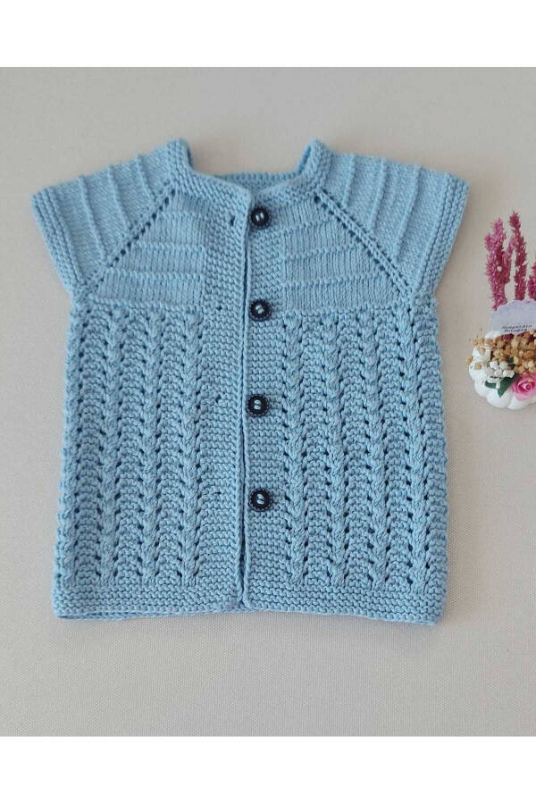 Blue Newborn Baby Hand Knit Cotton Vest Buttoned Birth Gift 0-12 Months - 1