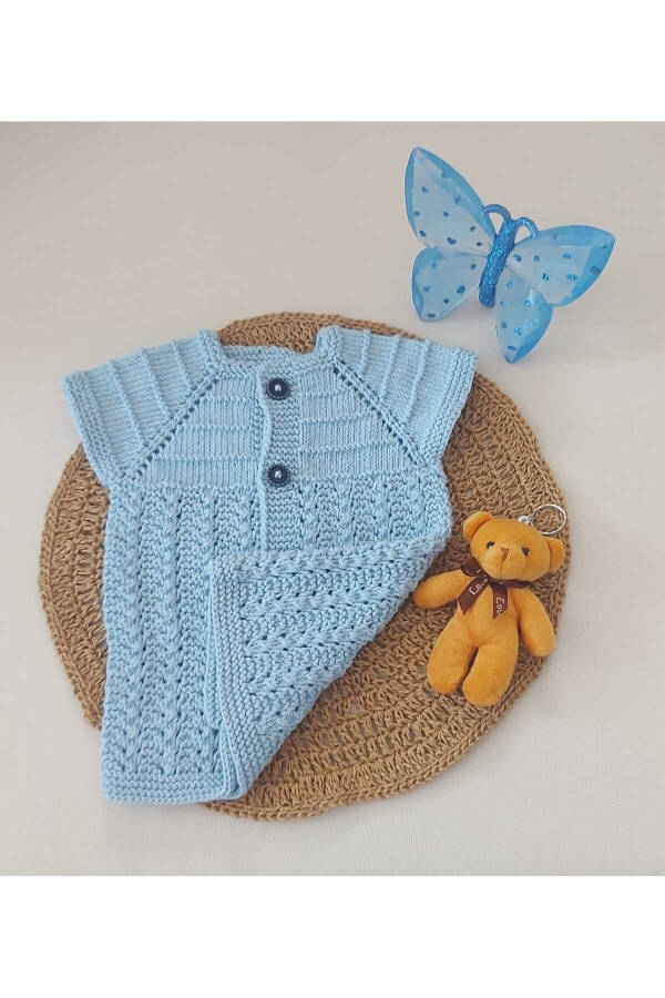 Blue Newborn Baby Hand Knit Cotton Vest Buttoned Birth Gift 0-12 Months - 2