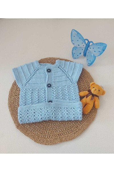 Blue Newborn Baby Hand Knit Cotton Vest Buttoned Birth Gift 0-12 Months - 3