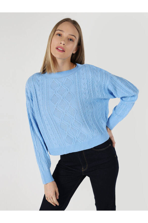 Blue patterned women's knitted sweater - 1