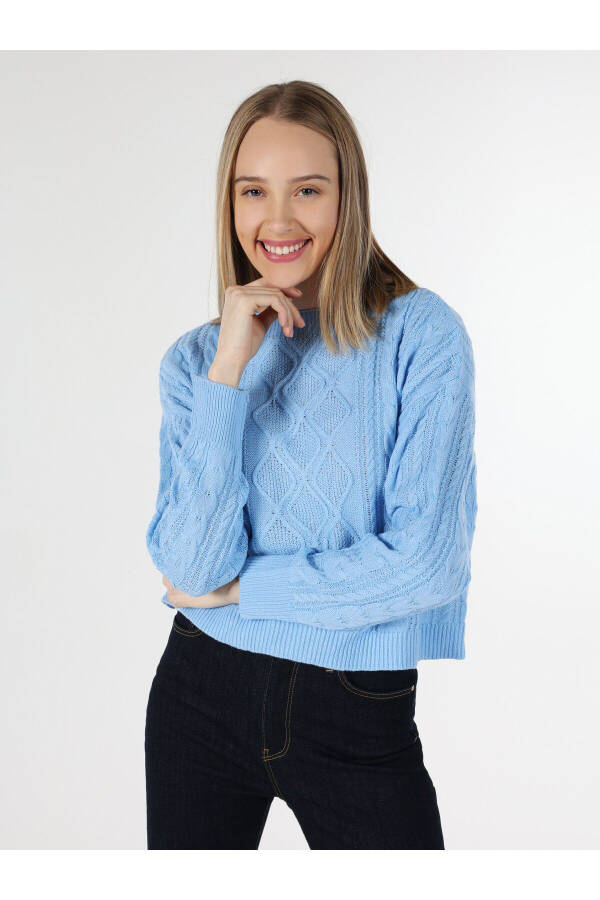 Blue patterned women's knitted sweater - 3