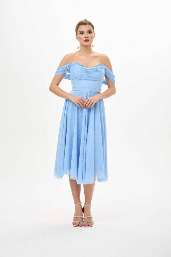 Blue Pearl Embroidered Chiffon Bridesmaid Dress - 1