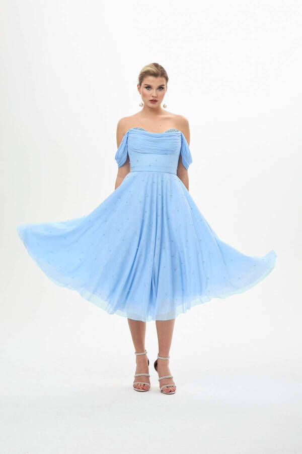 Blue Pearl Embroidered Chiffon Bridesmaid Dress - 2