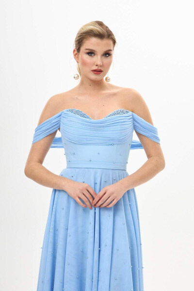 Blue Pearl Embroidered Chiffon Bridesmaid Dress - 3