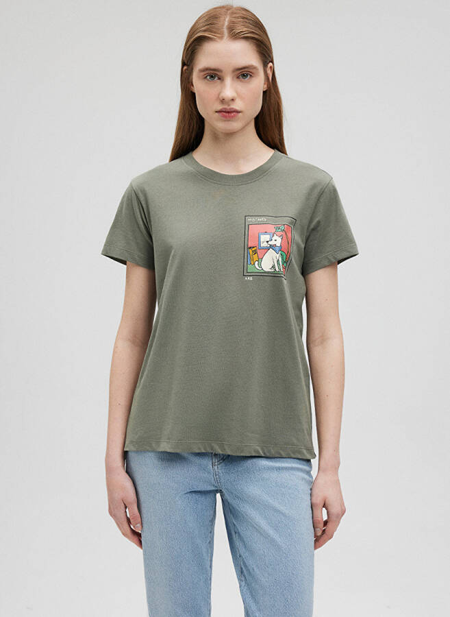 Blue Polo Collar Khaki Women's T-Shirt M1612403-80692-GRAPHIC PRINTED T-SHIRT - 3