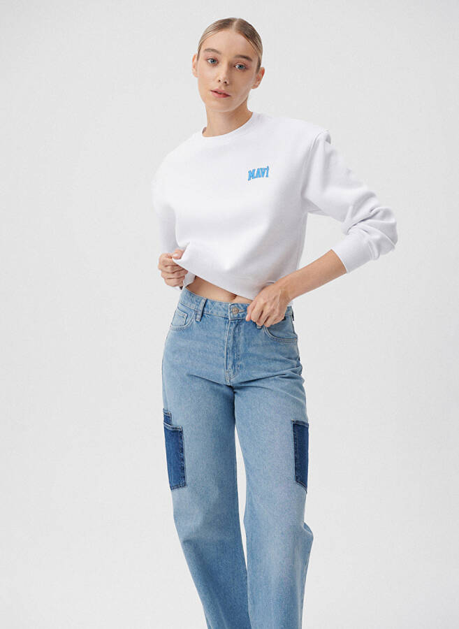 Blue Round Neck White Women's Sweatshirt M1611601-620 LOGO SHORT SWEATSHIRT B - 2