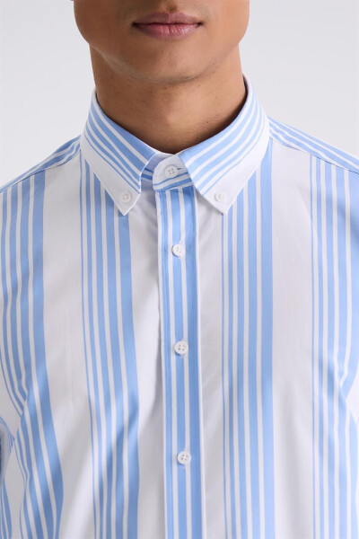 Blue Slim Fit Striped 100% Cotton Shirt - 3