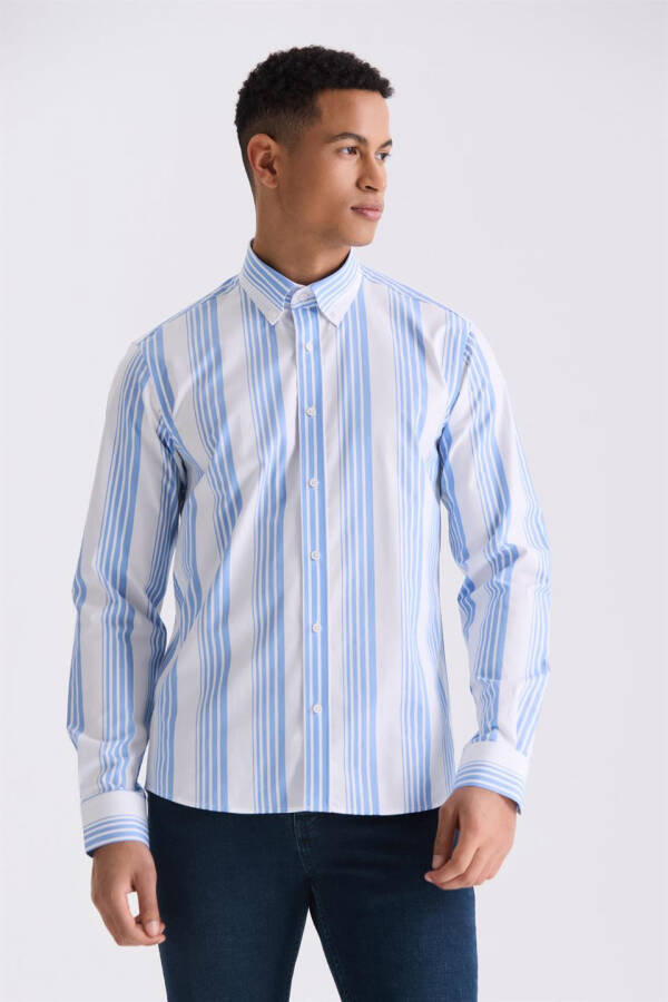 Blue Slim Fit Striped 100% Cotton Shirt - 1