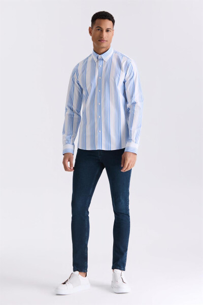 Blue Slim Fit Striped 100% Cotton Shirt - 2