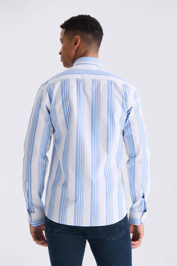 Blue Slim Fit Striped 100% Cotton Shirt - 4