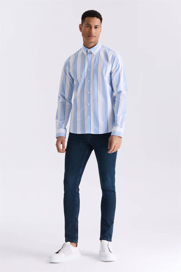 Blue Slim Fit Striped 100% Cotton Shirt - 6