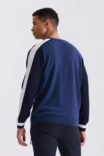 Blue Slim Fit Striped Crew Neck Knit Sweater - 4