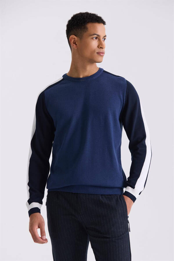 Blue Slim Fit Striped Crew Neck Knit Sweater - 1