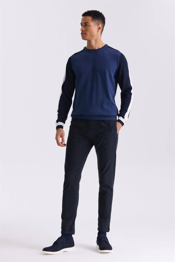 Blue Slim Fit Striped Crew Neck Knit Sweater - 2